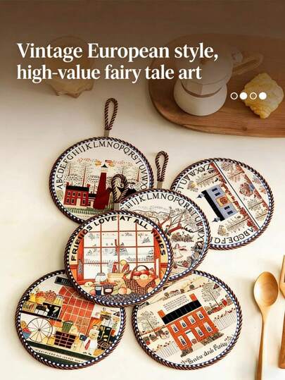 Vintage englisches Keramik Untersetzer Set mit Märchenbuch Design, hitzebeständige runde Untersetzer als Tischset, Küchen-Heimdekoration, handgemalt, rutschfest, leicht zu reinigen