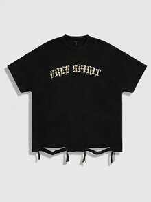 ROMWE MEN Street Life Men's Street Style Batwing Sleeve Graphic T-Shirt, Suitable For Everyday Wear, Spring/Summer - Black - View 4