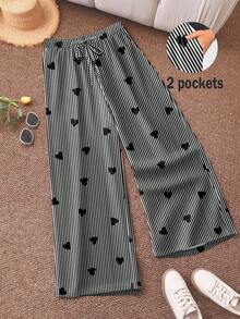 [Free Shipping]Plus Size Striped Heart Print Straight Leg Pants Women's Summer Pants Cute Pants For Woman Pants For Women Casual Wide Leg Pants Woman High Waist Women Pants - 多色 3 - 查看 3