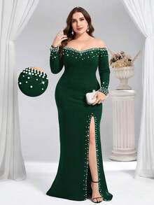 Coutiva Plus Size Solid Color Faux Pearl Off-Shoulder Split Maxi Formal Evening Gown (Heavily Embellished) - Dark Green - View 1