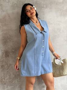 Sunnyshic Bộ áo liền quần denim wash kiểu dáng Y2K thời trang dành cho nữ cỡ lớn - Rửa nhẹ - Xem 3