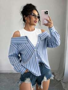 GlowEve 休闲时尚通勤日常浅蓝色条纹长袖二合一衬衫，女2025秋季新款时尚露肩长袖衬衫 - 彩色 - 查看 2