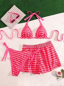SHEIN Swim Curve 大码女士三件套泳衣，条纹挂脖文胸背心式上衣配短裤，性感沙滩度假泳装 - 粉色 - 查看 1