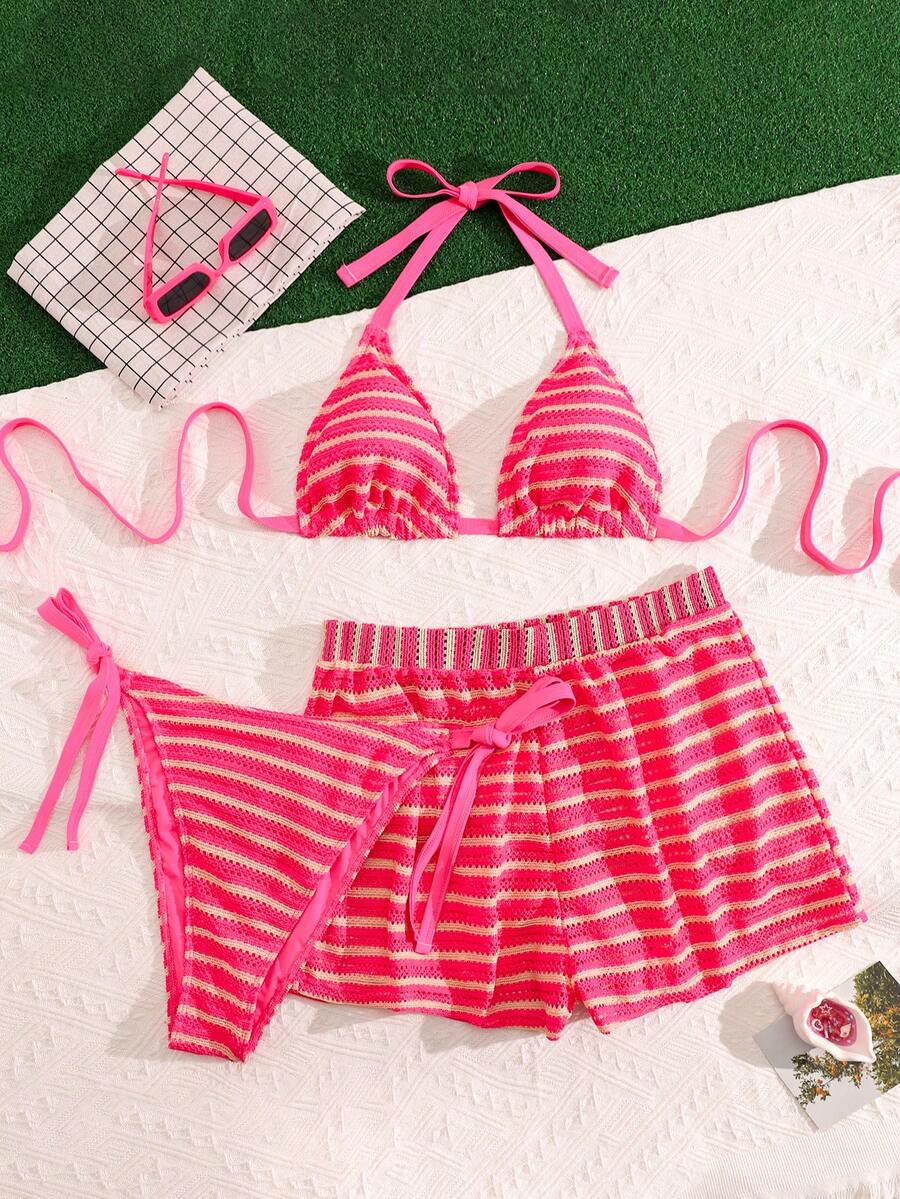 SHEIN Swim Curve 大码女士三件套泳衣,条纹挂脖文胸背心式上衣配短裤,性感沙滩度假泳装 - 粉色 - 查看 1