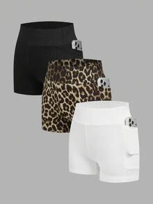 SHEIN EZwear 3件套女士夏季休闲通勤运动度假风高腰骑行短裤，黑色、白色、豹纹印花 - 彩色 - 查看 16