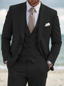 Manfinity Bizformal 男士西装 绅士简约修身单排扣商务三件套西装 男士西装外套+马甲+西裤套装 婚礼派对 假日旅行 正式场合 - 黑色 - 查看 4