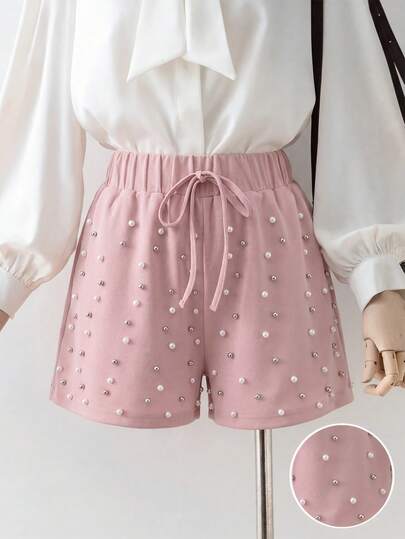 Elenzga 女士优雅珍珠装饰短裤，夏季必备