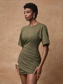 Zivah Women's Olive Green Summer Casual Date Ruched Mini Dress,Round Neck Short Sleeve Minimalist College Style Street Fashion Music Festival Talk Dress - Army Green - View 6