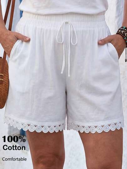 EMERY ROSE Quần short nữ cỡ lớn màu trắng phối ren, kiểu dáng thường ngày, có túi, thích hợp cho mùa hè.