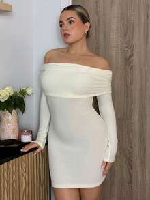 Bethéva Women's Fall/Winter Streetwear Y2K Daily Wear Casual Rib Knit Stretchy Bustier Off The Shoulder Mini Dress For Elegant,Dresses For Women Elegant - White - View 5