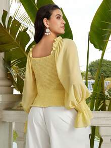 VOLUPTÉ CURVE Plus Size Spring/Summer Light Yellow Lace Mesh Tulle Square Neck Long Sleeve Waist-Cinching Ruffle Embroidery Short Sweet Top For Date, Party - Yellow - View 6