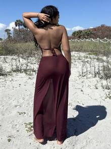 Alexandranx Women's Holiday Outfit - Solid Dark Purple Plunge Neckline Backless Dress, Elegant Halter Backless Beachwear For Ladies Beach Outfits For Woman Swim Coverup Women Swimsuit Cover Up Bathing Suit Cover Up Playa Beach Cover Up Women Beach Outfits For Woman Beach Dress Country Concert Outfit, Tulle Wraps, Festival - Burgundy - View 2