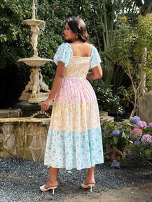 SHEIN CURVE+ 大码方领荷叶袖碎花撞色优雅复古可爱休闲中长连衣裙，适合女性，适合度假、派对、休闲场合 - 彩色 - 查看 2