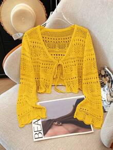 SHEIN Franclia New Solid Color Hollow Crochet Lace Lightweight Cardigan, Versatile Outerwear For Women - Mustard Yellow - View 6