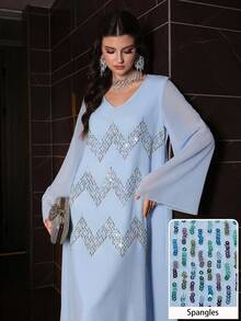 Al Najma Middle Eastern Arabic Style Loose Fit Long Dress, V-Neck Front Panel With Light Blue Beaded Embroidery, Traditional Robe Night Autumn Modest - Blue - View 4