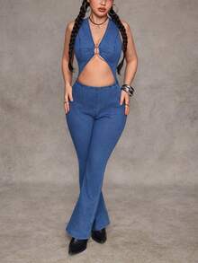 Jeanoix 女士性感露背无袖牛仔连体裤，夏季 - 藍色 - 查看 5