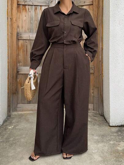 Dazy Plus Women's Loose Business Casual Lightweight Jumpsuit With Large Pockets, Brown, Suitable For Spring And Summer Office, Street Wear