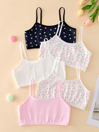 5pcs/Set Girls' Sweet Butterfly Print Camisole Crop Top, Minimalist Essential Fashion Undershirt