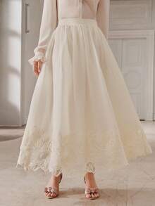 Anewsta Spring/Summer New Elegant Valentine's Day Beach Vacation Casual High Waist A-Line Lace Embroidered Women Long Pants & Skirt - Apricot - View 6