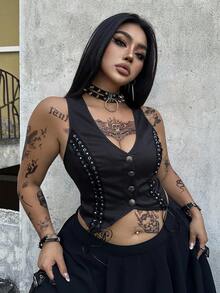 Whyspr 优雅简约OL通勤工作服朋克风镂空针织系带无袖深V领开襟背心，大码女款 - 黑色 - 查看 5