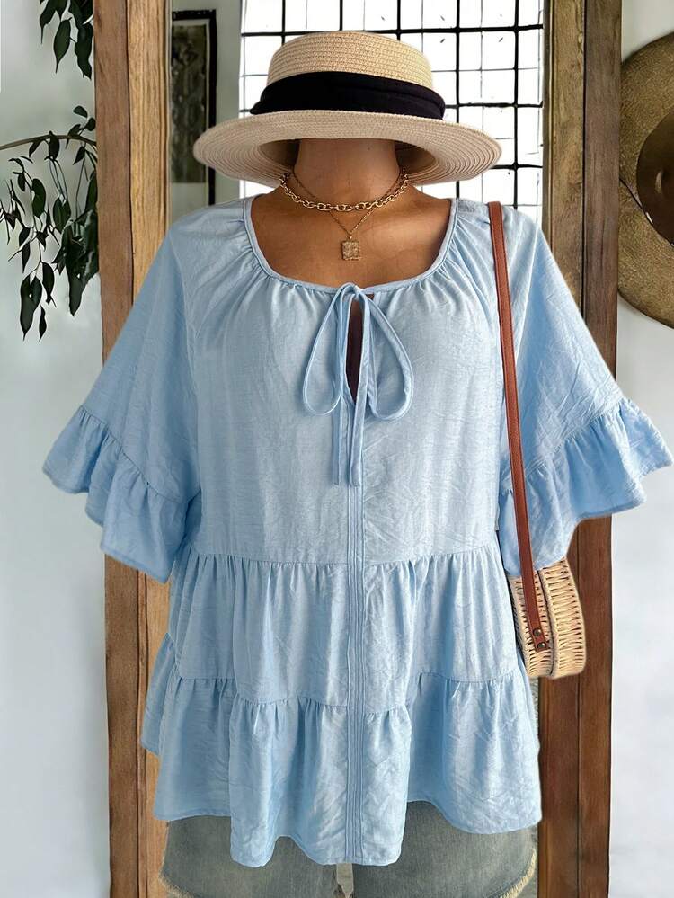 Plus Size Women's Summer Casual Vacation Country Solid Blue Ruffle Sleeve Blouse Top Shirt,Casual Holiday Style,Summer Outfits For Women ,Vacation Outfits Women ,Holiday Outfits For Women,Going Out Outfits, New Clothes,Simple And Fashionable For Everyday Wear,Suitable For Summer, Vacation, Daily Wear, Festival Outfits For Women,Country Concert Outfit,Beach Outfits For Women,Western Style,,Gifts For Mother,Boho  Shirt,Tunic Blouse