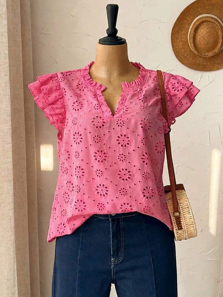 Plus Size Women's Summer Casual Vacation Country Solid Fuchsia Embroidered Cap Sleeve Pink Blouse Top Shirt,Casual Holiday Style,Summer Outfits For Women ,Vacation Outfits Women ,Holiday Outfits For Women,Going Out Outfits, New Clothes,Simple And Fashionable For Everyday Wear,Suitable For Summer, Vacation, Daily Wear, Festival Outfits For Women,Country Concert Outfit,Beach Outfits For Women,Western Style,,Gifts For Mother,Boho Top,Tunic Blouse