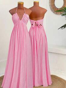 Sweetra 夏季新款度假优雅性感沙滩连衣裙，纹理面料，深V领荷叶边吊带，收腰显瘦 - 西瓜粉 - 查看 2