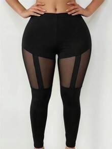 SHEIN SXY Mesh Patchwork Sexy Sheer Leggings - Black - View 3