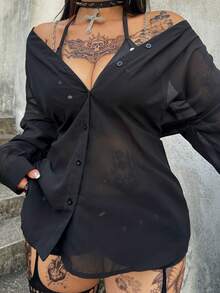 Whyspr 大码女式纯色吊带单排扣休闲百搭日常衬衫 - 黑色 - 查看 6