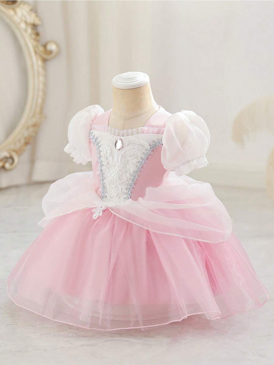 SHEIN Glamorique Kids 女婴公主薄纱连衣裙，粉色网纱连衣裙，泡泡袖，生日派对，婚礼节日正式礼服，珠宝装饰，四季皆宜，优雅正式礼服 - 淺粉色 - 查看 1