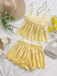 Soleia 新款扎染吊带背心+扎染七分裤套装，适合度假、约会、情人节、下午茶等场合 - 黃色 - 查看 5