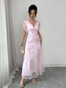 Elenzga 女士浅粉色网纱印花牡丹花卉长裙，带衬里，适合20-35岁以上女性出席正式晚宴、婚礼、情人节约会（随机花卉图案） - 粉色 - 查看 3