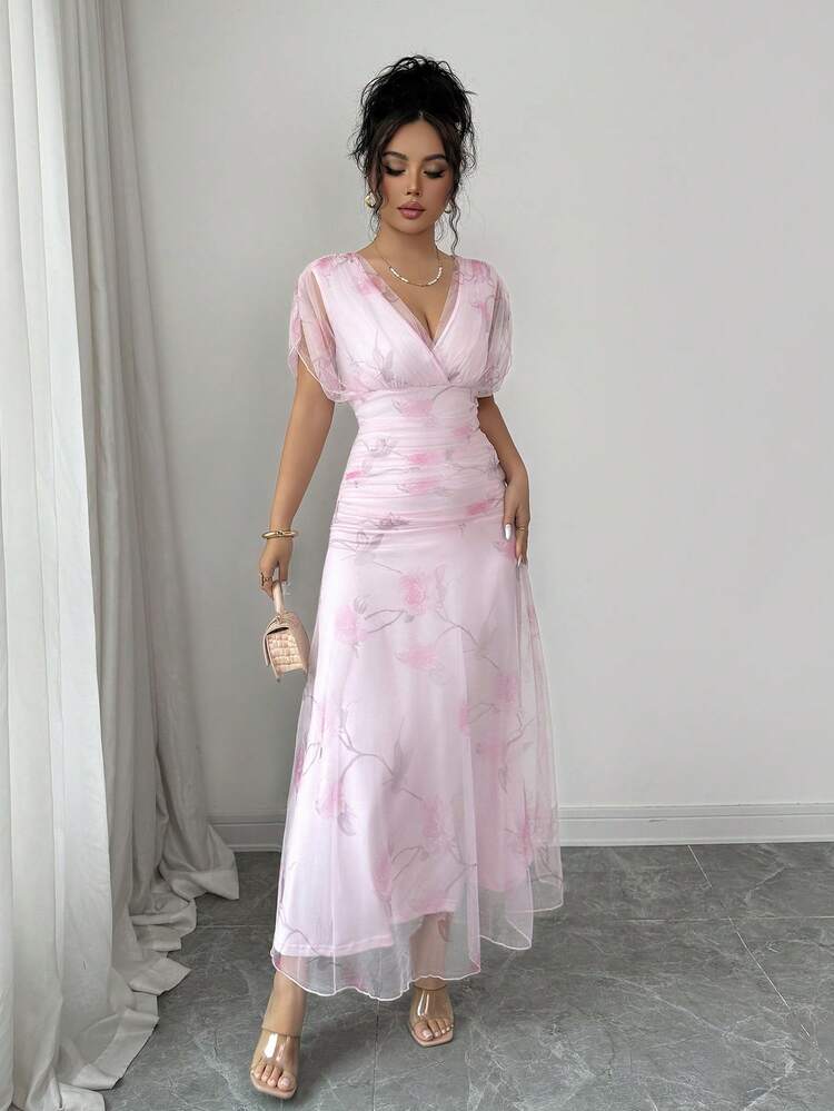 Elenzga Women's Light Pink Mesh Printed Peony Floral Long Dress With Lining, Suitable For 20-35+ Women For Formal Evening Party, Wedding, Valentine's Date (Random Floral Print) - Pink - View 3