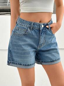 SHEIN 高腰卷边浅蓝色都市款牛仔女短裤 - 淺色水洗藍 - 查看 3
