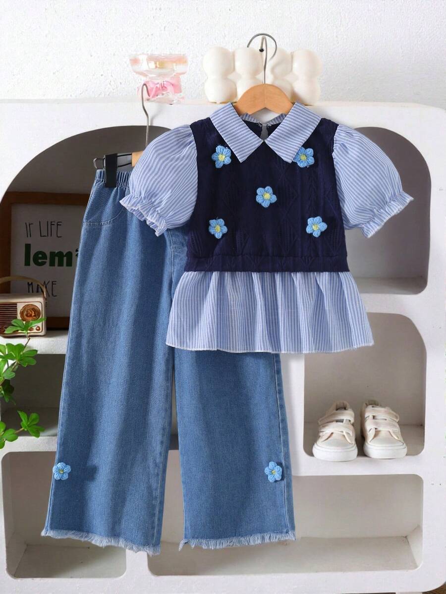 SHEIN Playful Pals 2pcs/Set Toddler Girls' Fashion Cute Casual Denim Outfit, Puff Sleeve Shirt With Collar, Colorblock & 3D Flower Decor + 3D Flower Denim Pants, Spring/Summer - Navy Blue - View 1