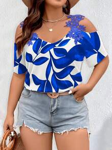 EMERY ROSE Plus Size Summer Casual Vacation Floral Off-Shoulder Blouse,Print Red Top,Casual Blouses For Women - Blue - View 5