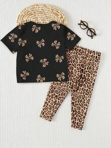 黑色可爱甜美豹纹蝴蝶结印花，豹纹图案，少女休闲简约柔软舒适圆领宽松短袖T恤和打底裤套装，适合日常穿着、街头风、外出、居家、度假、返校、春夏女童装，轻松舒适，春夏女童套装，时尚女童，休闲装，女童动物豹纹图案T恤套装，春夏时尚，休闲风格，轻松别致，休闲氛围 - 彩色 - 查看 2