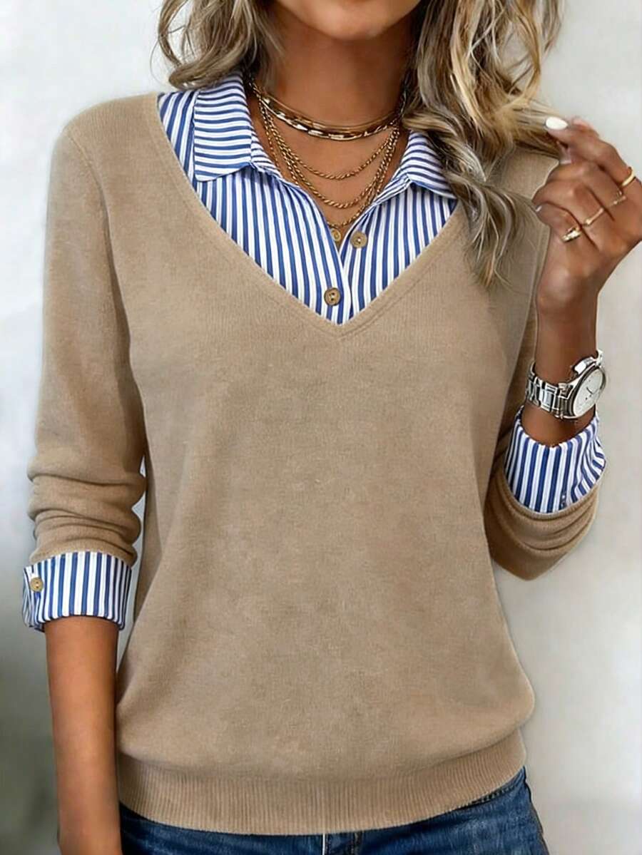 EMERY ROSE Women's Striped Patchwork Shirt Collar Long Sleeve Casual 2 In 1 Top - Brown - View 1