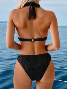 SHEIN Swim Lushore Women's Jacquard Fabric Front & Middle Shell Metal Buckle Halter Split Bikini Set, Scallop Shell Detail, Textured Bikini - Black - View 2