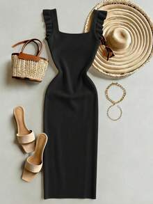 EMERY ROSE New Vintage Romantic Vacation European And American Style High-End Design Square Neck Backless Sexy Bombshell Soft Beige Knit Fitted Mid-Length Dress With Delicate Ruffle Hem, Sleeveless, Casual Wear; Minimalist Solid Color Personalized High-Waist Bodycon Party Cocktail Knit Sweater Dress For Women - Black - View 2