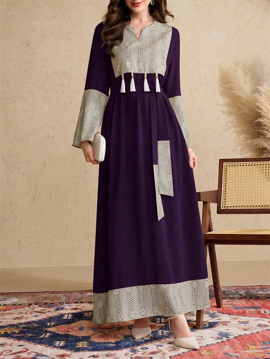 Al Najma 女士优雅阿拉伯风格拼接流苏袖长连衣裙,阿拉伯连衣裙 - 紫丁香色 - 查看 1