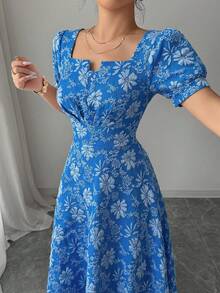 Rafferiza Women's Floral Jacquard Petal Sleeve Elegant Waist Cinched Dress - Lake Blue - View 4