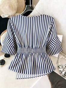 Franclia Bluză pentru femei, casual/office, cu tiv asimetric, design în talie, primăvară/vară, bluză elegantă pentru femei, bluză cu decolteu în V, topuri de lucru pentru femei, top cu mâneci clopot, bluză cu dungi, ținute nautice pentru femei, top la modă pentru femei - Albastru marin - Vizualizare 2