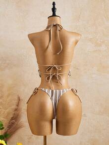 Bellisia Women's Striped Ruched Halter Tie Tankini Top And Triangle Bottoms Swimsuit Set, Suitable For Summer Vacation - Khaki - View 2