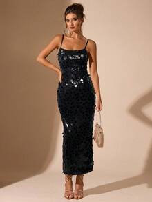 SHEIN BAE 女士亮片细肩带露背系带性感优雅鸡尾酒会礼服，适合夜总会、派对、正式场合、圣诞节 - 黑色 - 查看 5