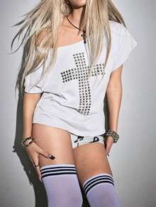 ROMWE Grunge Punk Y2K Punk Cross Rivet Design Laser Cut Loose Plus Size Women T-Shirt, Solid Color Versatile Gym Brown Summer - White - View 9