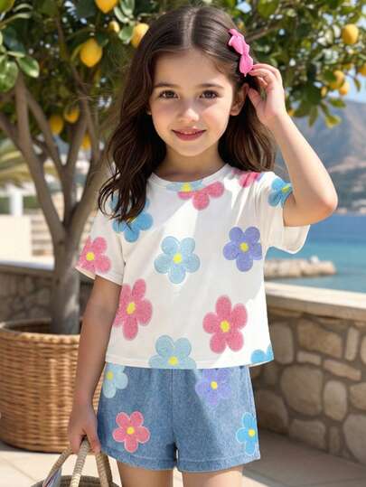 Set de 2 piezas de camiseta de manga corta con estampado floral + pantalones cortos con estampado floral para niñas de 4 a 7 años, conjunto informal ligero y transpirable, adecuado para uso diario en primavera/verano