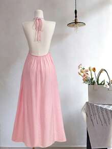 GlowEve Women's Elegant Backless Dress With 3D Floral Decor, Suitable For Vacation - Pink - View 2