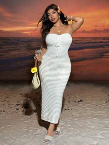 SHEIN EZwear 大码女式纯色前系带露背针织连衣裙，度假款 - 杏色 - 查看 5