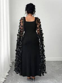 SHEIN CURVE+ Vestido Elegante com Contas 3D em Tela Plus Size - Preto - Visão 2